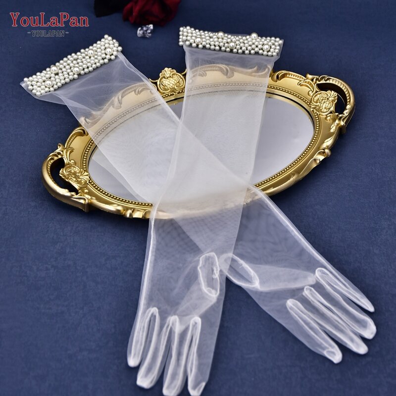 YouLaPan VM01-A guanti da sposa con perle 1 paio di guanti da sposa in Tulle trasparente lungo sopra il gomito festa di addio al nubilato in Tulle fai da te