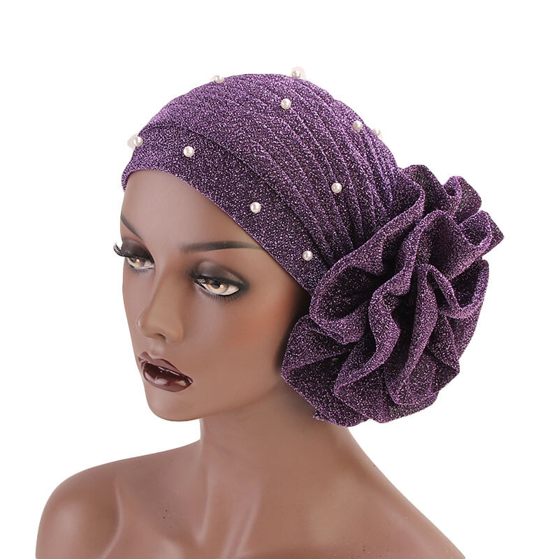Elegant Pearls Shiny Turban Cap Big Flower Head Wrap Bonnet Women Bead Glitter Muslim Turban Head Scarf Ladies Hair Accessories
