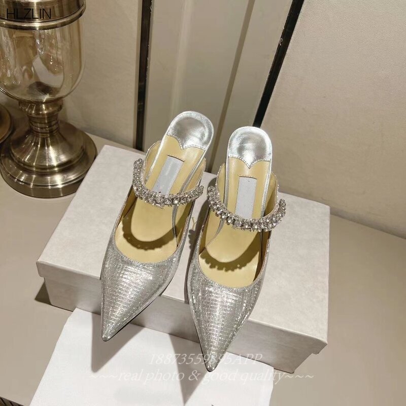 2023 musim panas baru runcing berlian imitasi obashed sandal seksi hak tinggi setengah tarik versi Korea sepatu wanita