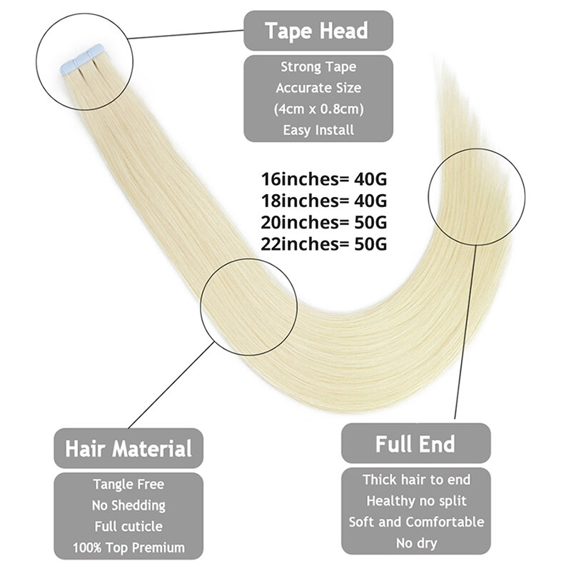 Premium Double Drawn Tape In Hair Extensions Salon Quality Cuticle Remy Human Hair Thick Ends Straight 16 18 20 22inch 20pcs