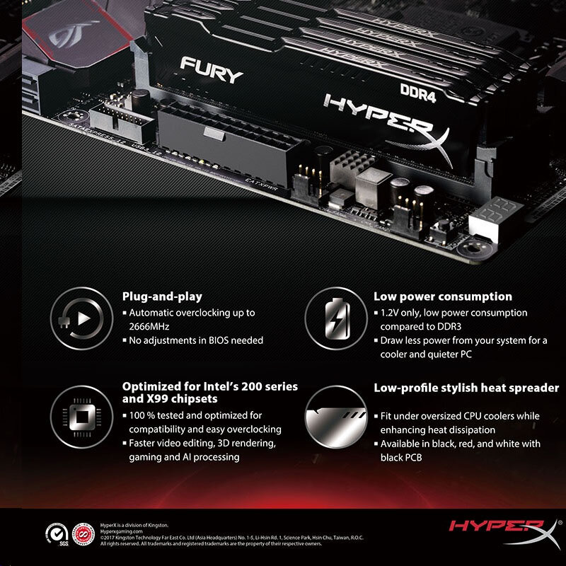 HyperX Fury-DDR3 وذاكرة الوصول العشوائي DDR4 ، 4GB ، 8GB ، 16GB ، 1333MHz ، 1600MHz ، 1866MHz ، 2400MHz ، 2666MHz ، 3200MHz ، DIMM ، PC3-12800 ، PC4-25600