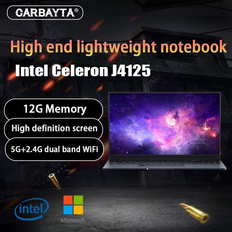 Laptop nero Intel Celeron J4125 15.6 pollici Windows 10 11 Pro 1920*1080 computer portatile da ufficio da gioco 12GB RAM 512GB/1TB SSD NoteBook
