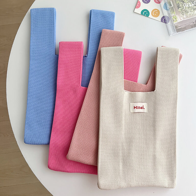 Handmade Knit Handbag Mulheres Mini Knot Wrist-bag Feminino Casual Cor Larga Listra Xadrez Tote Bag Estudante Reutilizável Saco de Compras