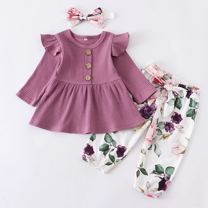 Conjunto de roupas com babados roxos para menina, manga longa, calças floridas, bandana, roupas fofas de princesa, 3pcs