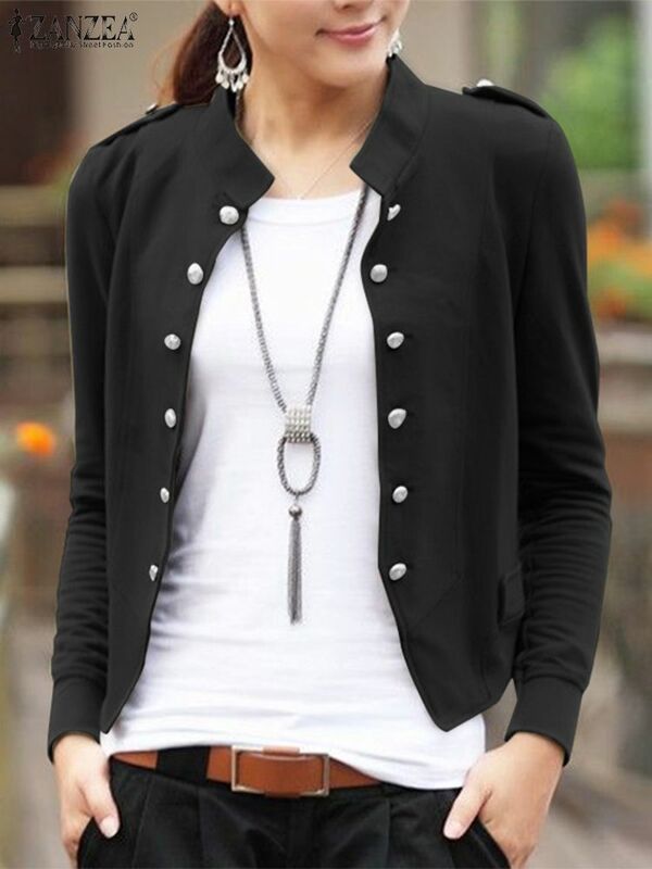 ZANZEA-Casaco de manga comprida para mulheres, jaquetas sólidas, botões para baixo, casaco de trabalho OL, camisa elegante com gola alta, outwears vintage, moda primavera