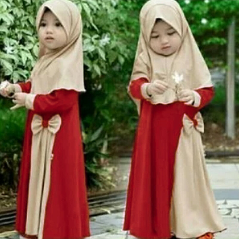 Muçulmano Hijab Long Sleeve Maxi Dress Set para meninas, roupas infantis, Turquia, Dubai, árabe, lenço de cabeça, Eid, Ramadan, Kids, 2pcs