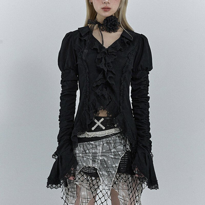 Karrcat kemeja renda hitam Gotik, Baju kaus kerah v lengan suar gaya Yamamoto tidak beraturan estetika gelap Vintage Y2k Emo