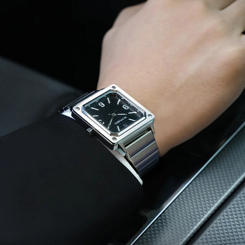 SAPPHERO-Reloj de pulsera cuadrado para hombre, cronógrafo de cuarzo de acero inoxidable, color negro, resistente al agua, sencillo, resistente al agua