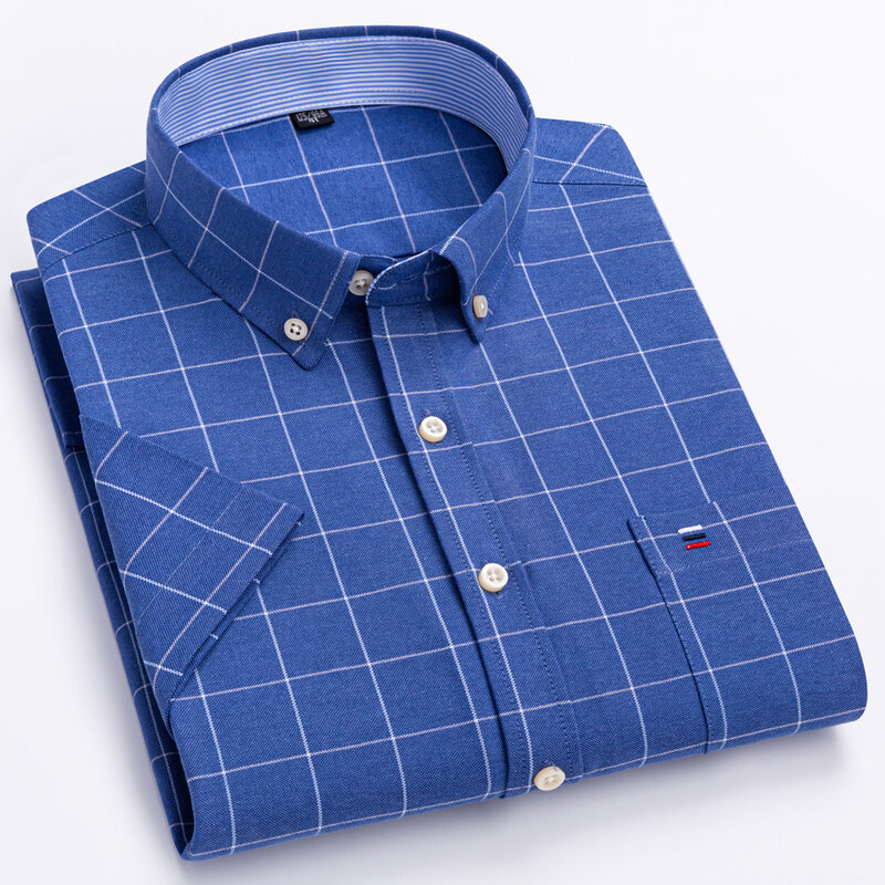 Camisa Oxford de manga corta para hombre, camisa informal a rayas a cuadros de algodón, ajuste Regular, bolsillo en el pecho, a la moda, versátil