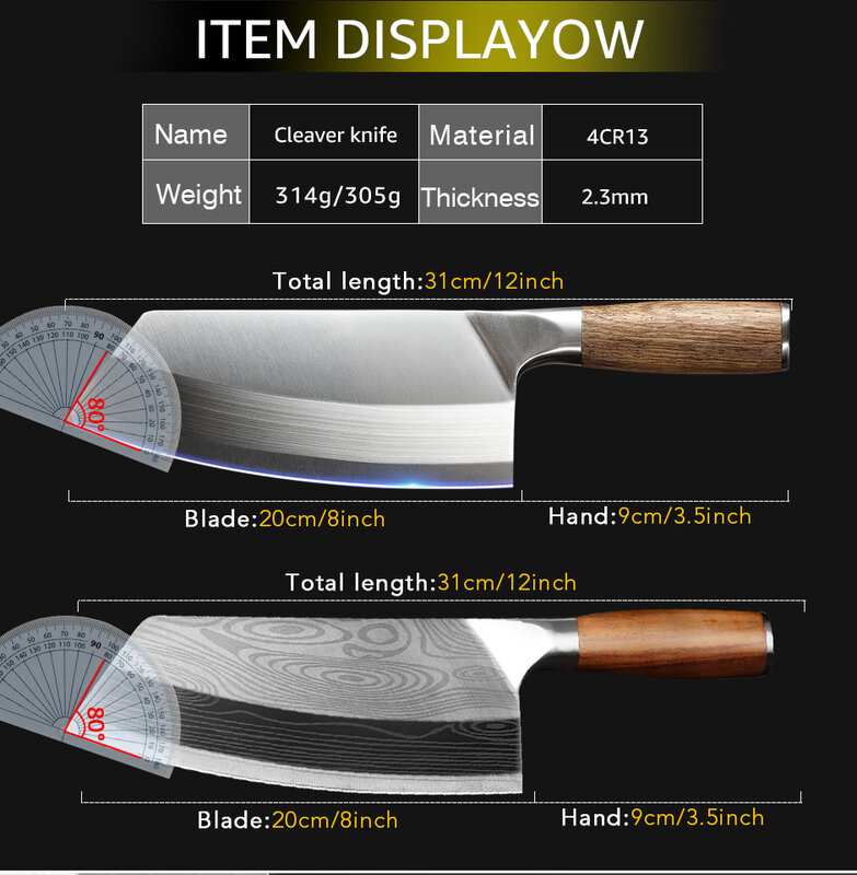 Kitchen Knife Cleaver Chef Knife Stainless Steel Razor Sharp Slicing Chopping Meat Chinese Butcher Knife Wood Handle