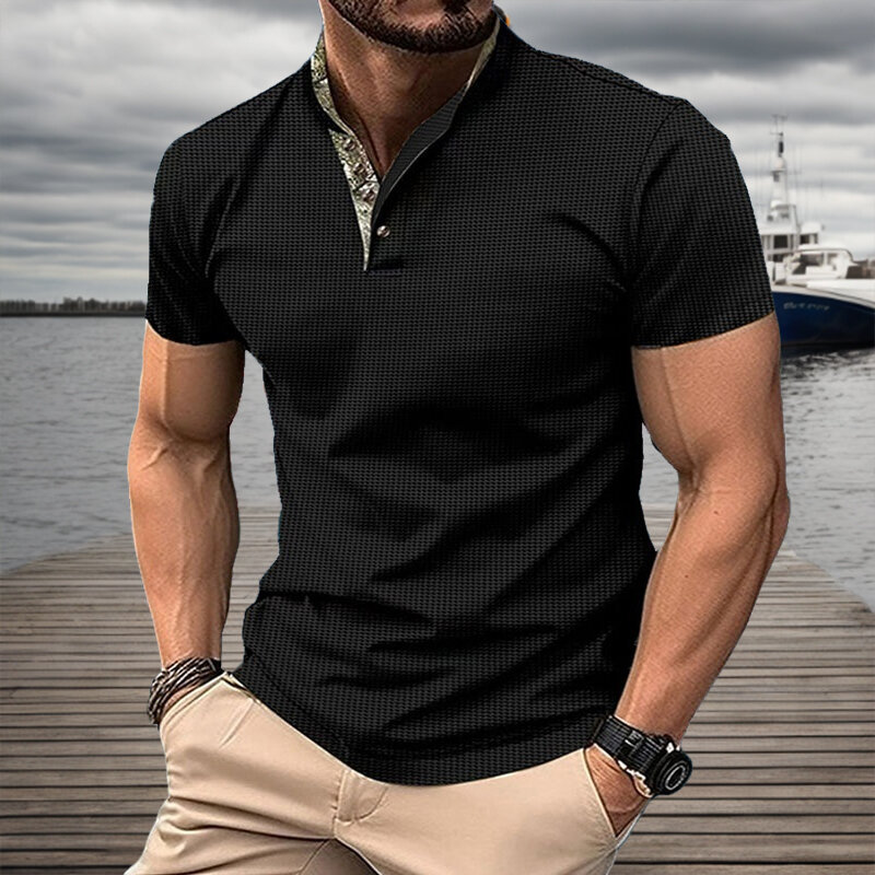 Letnia męska koszulka Polo z krótkim rękawem biznes top na co dzień z klapą t-shirt wafel tkanina oddychająca