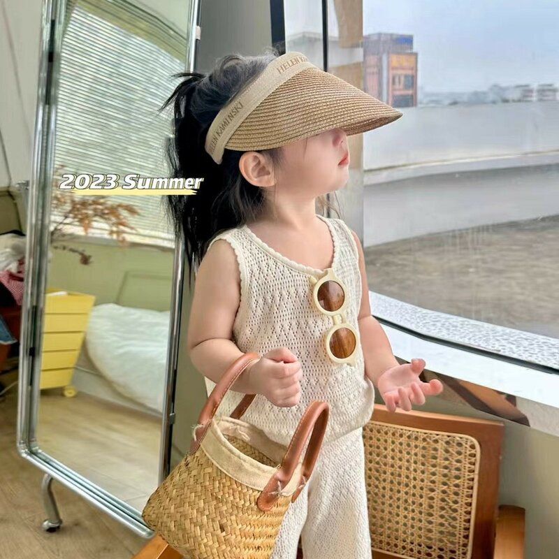 Girl's Clothing Sets 2023 Summer Korean Thin Knitted Girl Set Children Hollow Breathable Vest + Wide Leg Pants Two-piece Suit