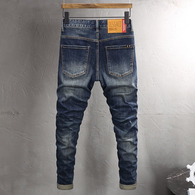 Модные Дизайнерские мужские джинсы высокого качества ретро потертые синие эластичные Стрейчевые облегающие рваные джинсы мужские винтажные повседневные джинсовые брюки