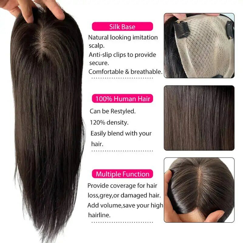 Topper rambut lurus untuk wanita penutup rambut manusia dasar sutra kulit dengan 3 klip jepit rambut Remy Virgin potongan rambut manusia 8-20 inci
