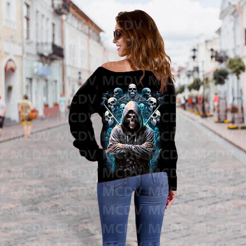 Suéter con hombros descubiertos para mujer, Jersey informal de manga larga con estampado 3D de calavera de Halloween, 02