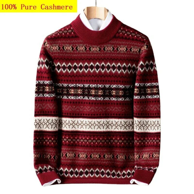 New Arrival Autumn Winter Cashmere for Men Young, Retro Jacquard Half Height Round Neck Thickened Sweater Size SMLXL2XL3XL4XL5XL