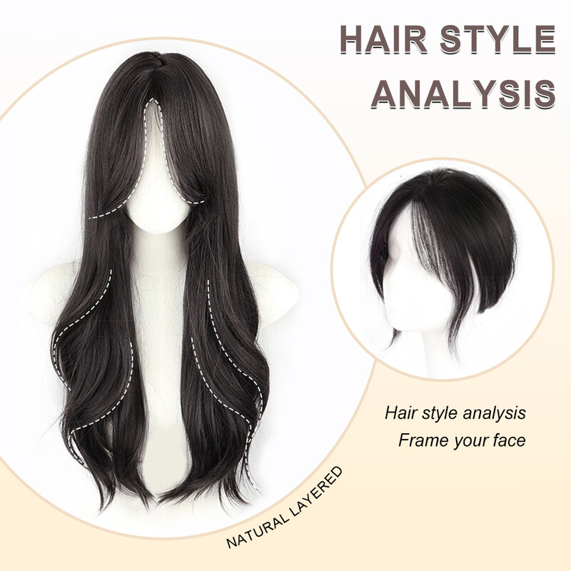 ALXNAN wig sintetis panjang bergelombang untuk wanita, wig hitam alami dengan poni harian untuk pesta Cosplay, rambut palsu tahan panas