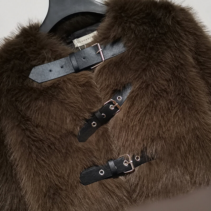 Женское пальто из искусственного меха, толстые теплые пальто из искусственного меха с коротким вырезом, длинными рукавами и пуговицами на поясе для осени и зимы
