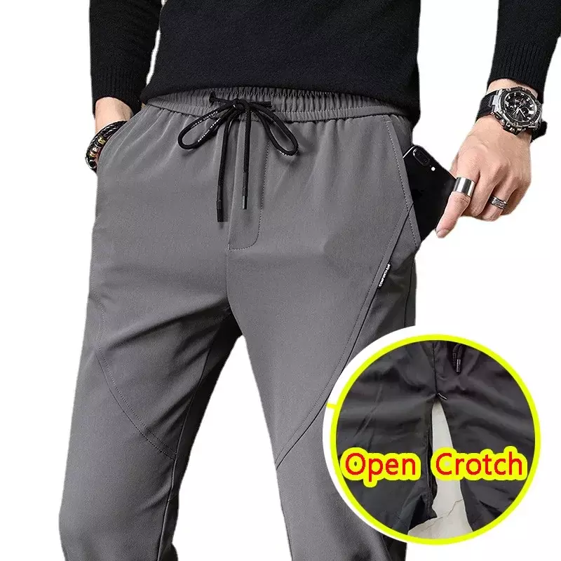 Letnie spodnie z odkrytymi krokami cienkie spodnie nowy elastyczny pas codzienne męskie spodnie elegancka typu Slim męskiego