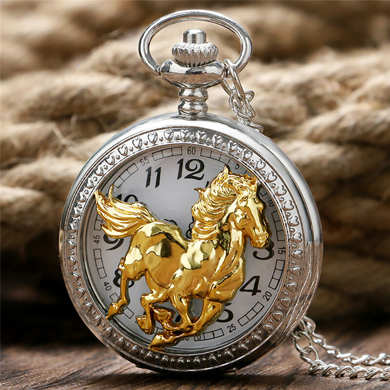 Silver Hollow Golden Horse Chinese Style Zodiac Men Women Quartz Analog Pocket Watch Sweater Necklace Chain Vintage Gift Clock