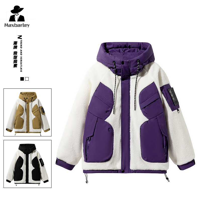 Модный пуховик из кашемира ягненка в стиле пэчворк, японская универсальная Свободная куртка с капюшоном, мужской зимний топ с графиновым нагревом