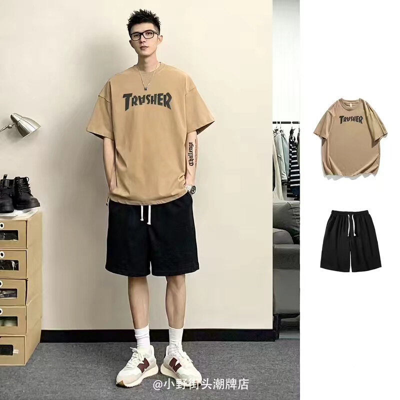 2024 New Summer Cotton Short Sleeve T-shirts Shorts Suit Streetwear Match Loose Man Casual Trendy Brand Korean Version T-Shirt