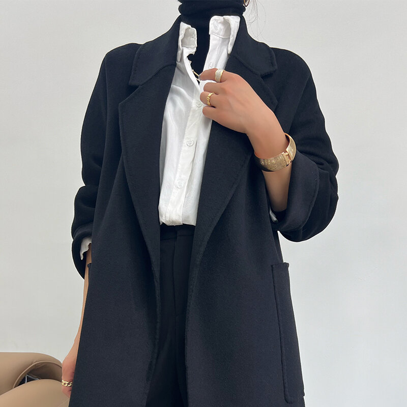 Manteau en laine et cachemire pour femme, haut de gamme, Double face, couleur unie, mi-longueur, nouvelle collection automne hiver 2022, mode coréenne