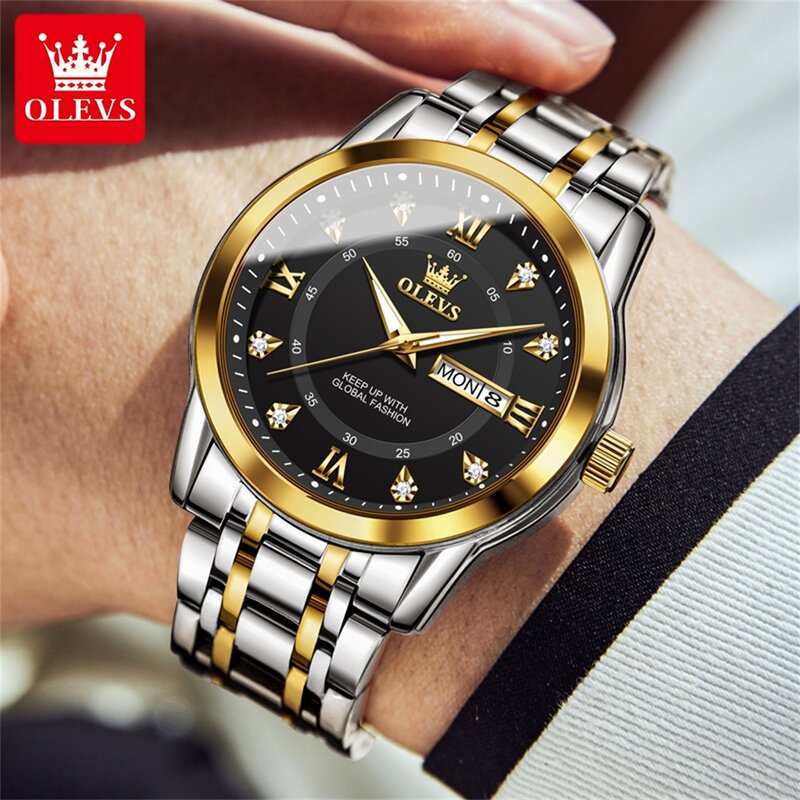 Olevs Merk Klassieke Diamant Quartz Horloge Voor Mannen Mode Rvs Waterdichte Lichtgevende Heren Horloges Logio Masculino