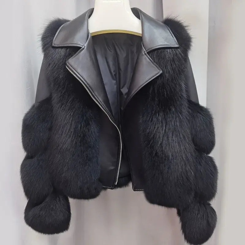 Winter Women's Warm Clothing Fox Fur Jacket Stitching Black Faux Fur Coat