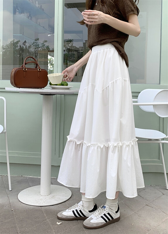 Skirts for Women Y2k Korean Fashion Women High Waist A-line Long Skirt Casual Solid Color Elastic Waist Summer Beach Skirt