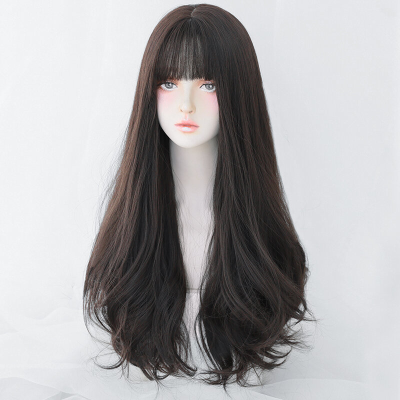 Perucas 7jhh-perucas de cabelo sintético para mulheres, onda de corpo solto, chá preto, alta densidade, em camadas, marrom escuro, com franja limpa