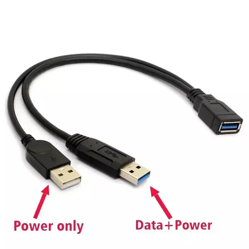 1 szt. Czarny USB 3.0 żeński na podwójny USB z dodatkowa moc przedłużacz danych Y do kabli sprzętowych 2.5 "przenośny dysk twardy