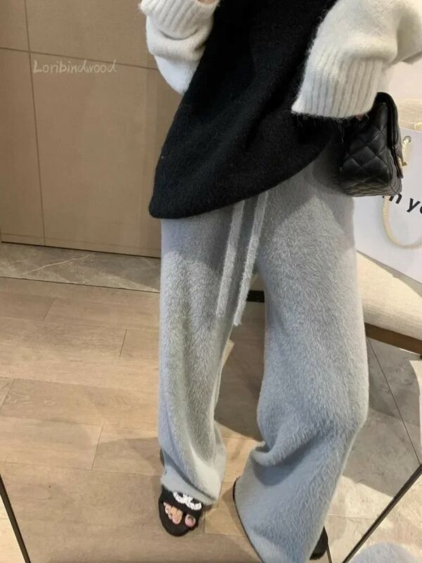 Soft Waxy Mink Wool Knitted Wide-leg Pants Women's Autumn and Winter Thick Slouchy Slouchy Slouchy Floor Length Pants korean