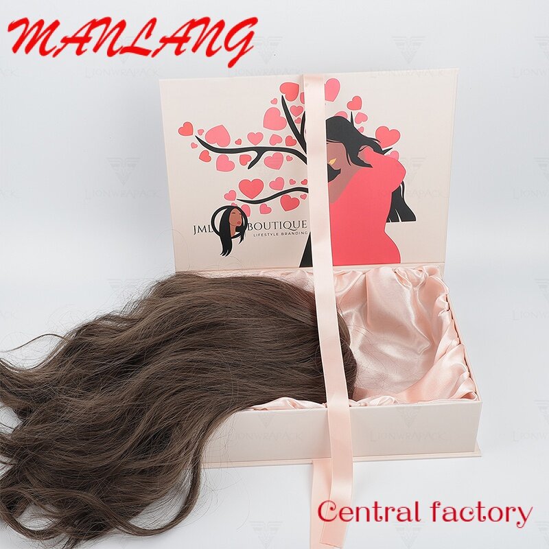 Caixa de presente dobrável com logotipo, embalagem de extensão do cabelo, luxo cetim forrado, peruca personalizada pacote, atacado