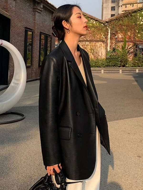 한국 블랙 가죽 모토 재킷, 빈티지 따뜻한 여성 루즈 가죽 세트 블레이저, 스트리트웨어 여성 패션 트렌드 얇은 바이커 코트