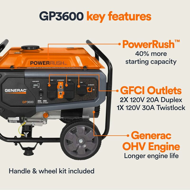 Generac 7678 GP3600 generatore portatile alimentato a gas da 3,600 watt design durevole e potenza affidabile, conforme al CARB