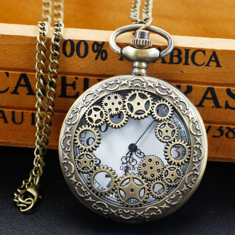 Bronze Quartz Movement Pocket Watch Hollow Gear Necklace Pendant Gift With Chain Pendant Gifts For Women Or Man with Fob Chain
