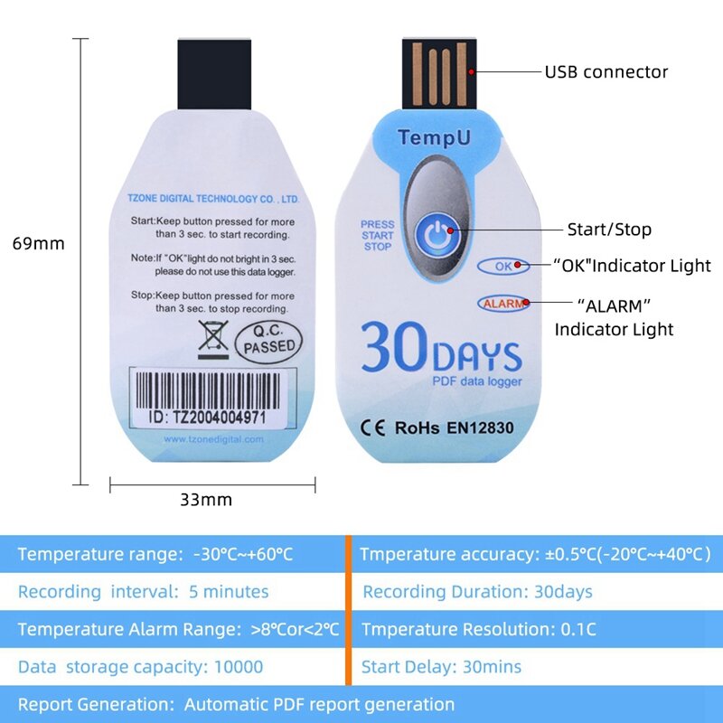 PDF-Bericht USB-Anschluss 10000 Punkte USB-Temperatur Datenlogger Einweg-Kühlkette verwenden