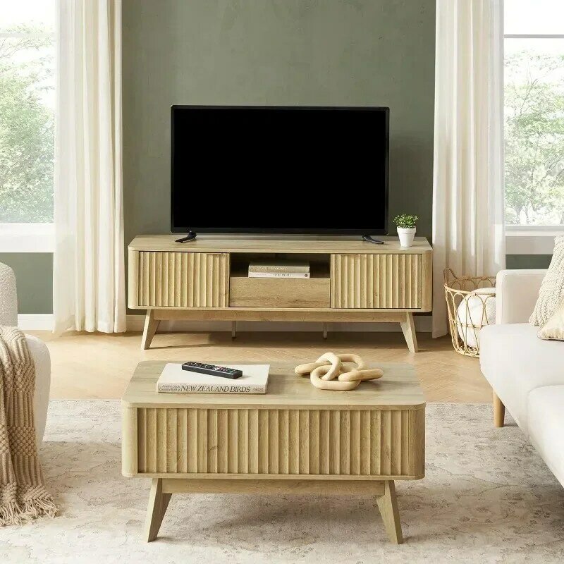 Supporto TV moderno di metà secolo, per TV fino a 50 "pannello a forma d'onda, profilo curvo elegante con ripiano regolabile