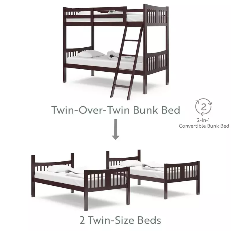 Espresso Twin-Over-Twin łóżko piętrowe przekształca się w 2 pojedyncze łóżka pojedyncze