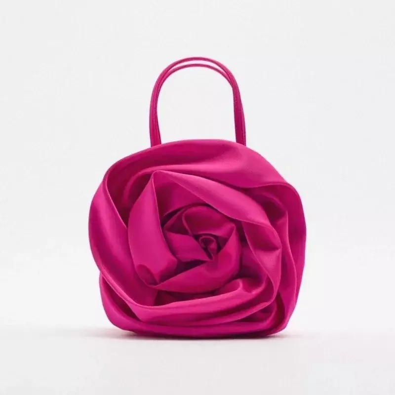 BBL01-Bolso de mano plisado con flores para mujer, bolsa de mano de seda con diseño de marca, color rojo, redondo, para noche, 2023