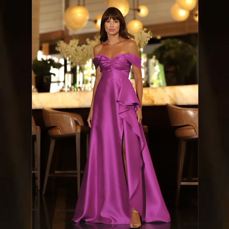 Cetim feminino drapejado Off-the-ombro Ruched Prom Dress, vestido de noite formal, vestidos longos, vestidos de formatura, ocasião sob medida