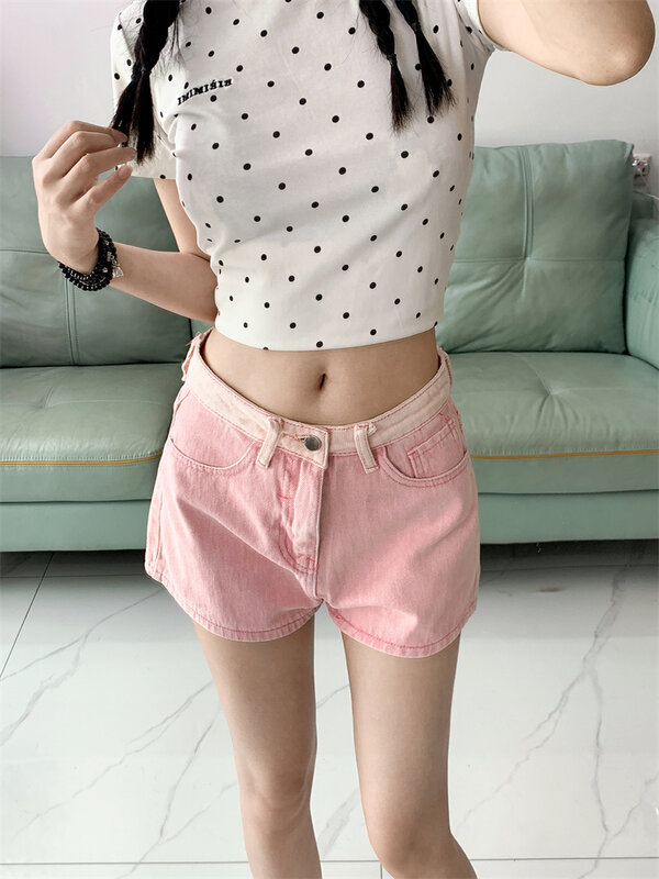 Shorts jeans gradiente rosa design feminino, fundo de rua feminino, envoltório casual de quadril, mini-shorts sexy, garota quente, verão, novo