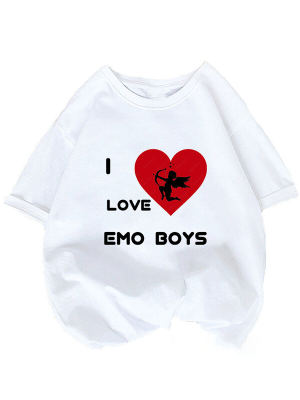 2023 I Love Emo Boys 여성용 반팔 티셔츠, 재미있는 티셔츠 프린트 패션, 하라주쿠 스트리트웨어, 캐주얼 숙녀 O넥 티 탑