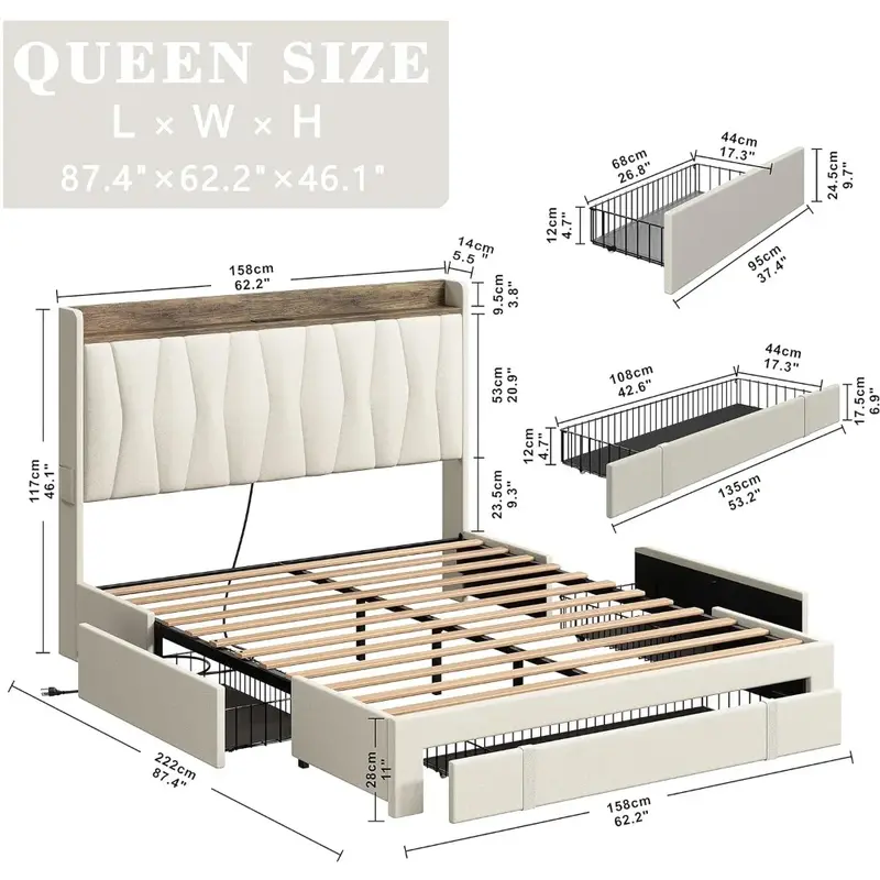 Cama queen frame com cabeceira do armazenamento e estação de carregamento, plataforma estofada, 3 gavetas