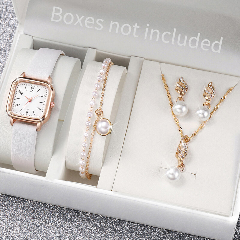 5pcs/set Fashion Women Leather Strap Square Case Quartz Watch & Pearl Jewelry Set