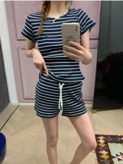 Women's Casual Striped Two Piece Suit 2024 Summer Ladies Crochet Hook O-neck Bow Short Sleeve Tees Tops or Drawstring Shorts