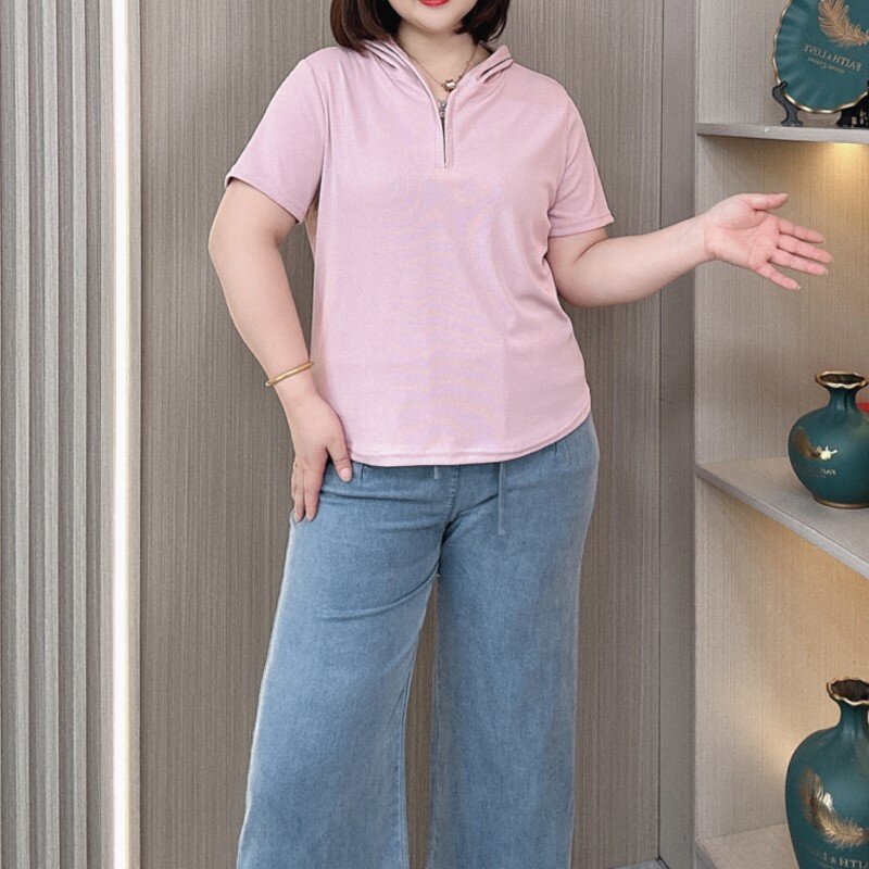 Camiseta feminina de manga curta com capuz, blusa casual fina solta, tamanho grande, verão, nova, 2024