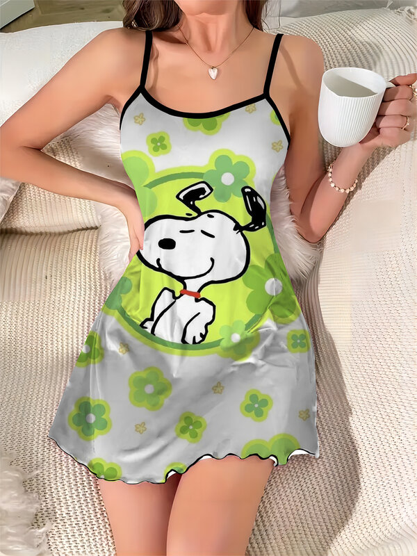Vestido elegante y Sexy para mujer, minifalda de pijama con adorno de lechuga, superficie de satén, cuello redondo, a la moda, verano 2024