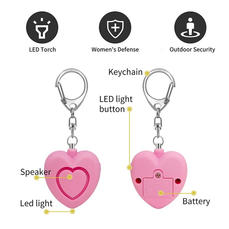 Heart Shaped Anti Theft Alarm Com Luzes LED, Autodefesa, Proteção de Segurança, No Pepper Spray, Alta Decibel
